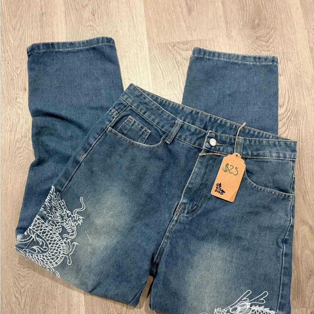 Men's Blue Jeans with Dragon Embroidery vintage y2k